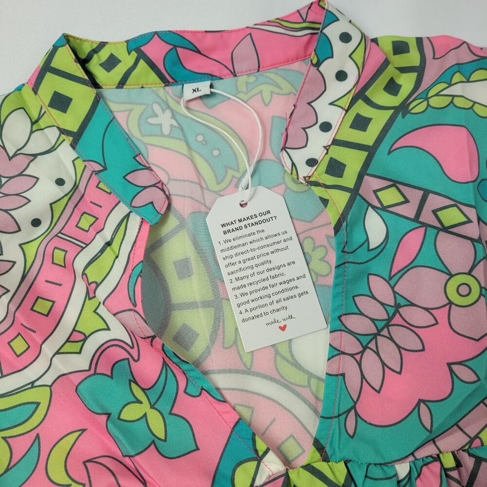 NWT Groovy Pink Green Multicolor Paisley Boho Top Festival Bell Sleeve size XL - Picture 4 of 10